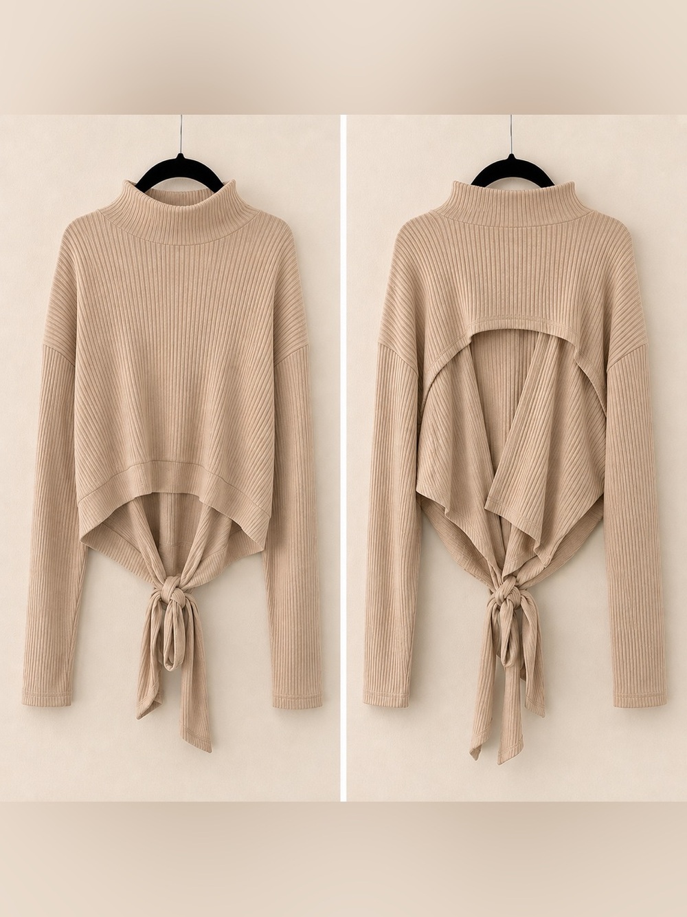 PacSun Beige Ribbed High Neck Tie Back Sweater Medium Open Back Long Sleeve
